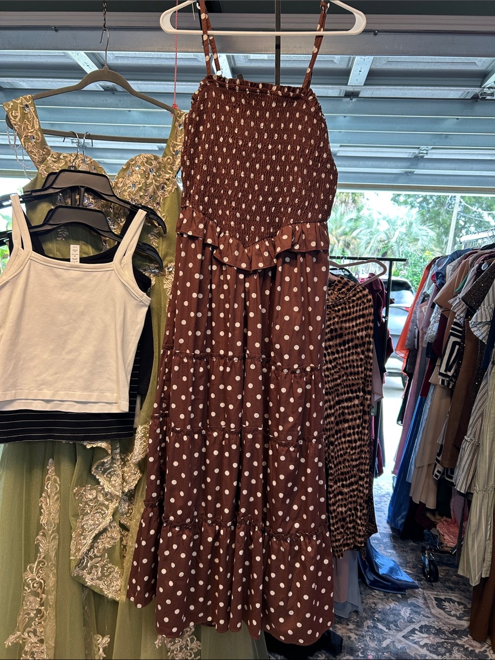 Women’s Brown Polka Dot Maxi dress size Sleeveless Ruffled Waist